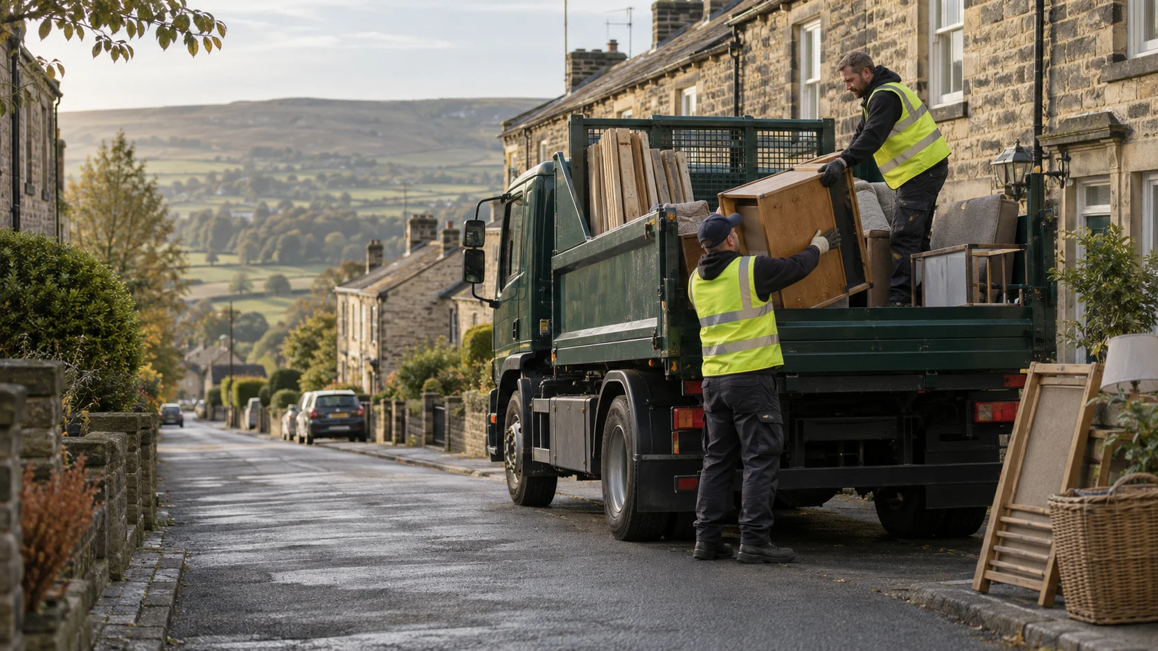 Concept image of a waste collection team and green truck on a Yorkshire street